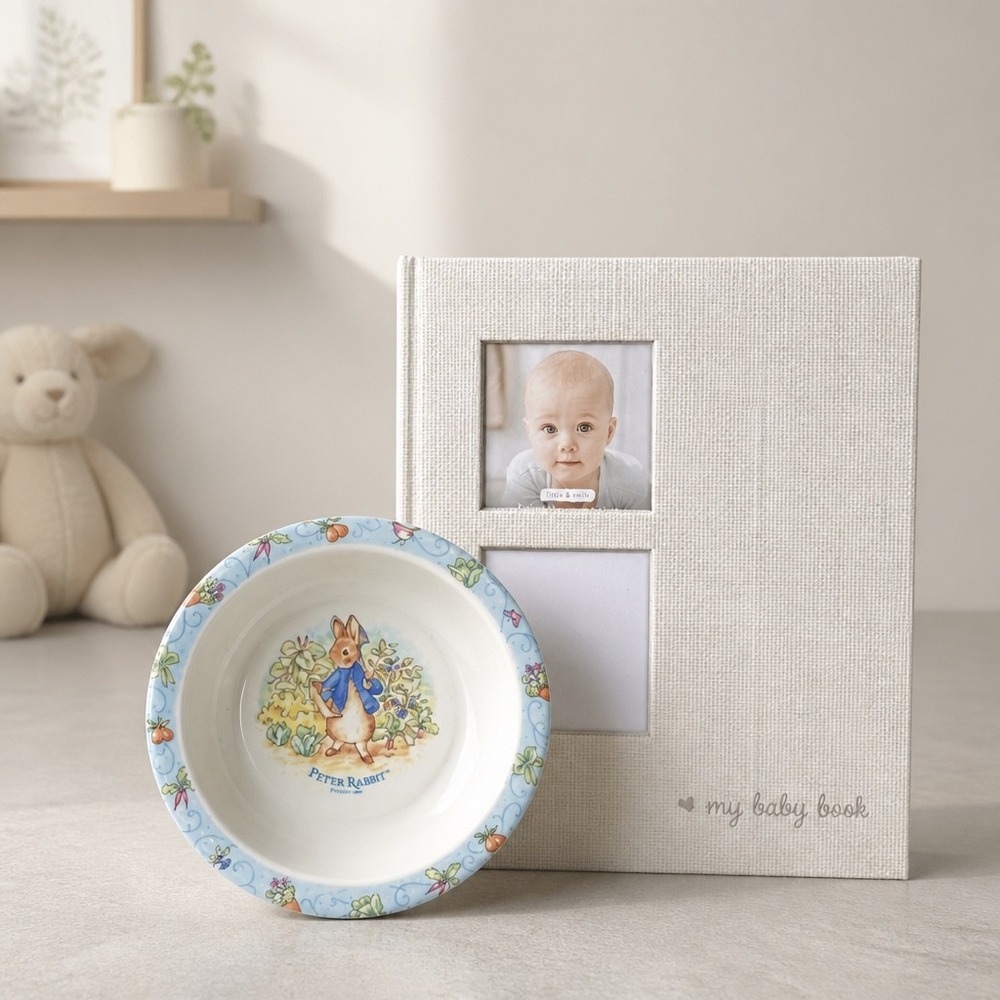 Peter Rabbit Melamine Bowl & Kate Milo Linen Baby Memory Book Gift Set